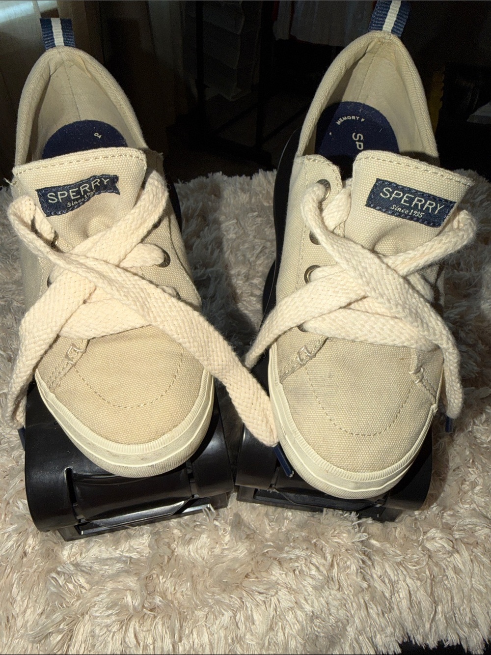 Sperry Women’s Cream Canvas Lace-Up Sneakers with Navy Heel Tab